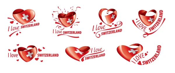 Bandera nacional de Suiza en forma de corazón y la inscripción Me encanta Suiza. Ilustración vectorial — Vector de stock