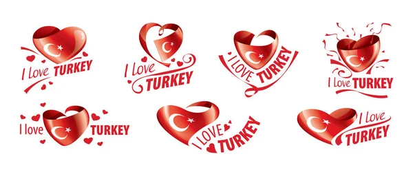 Bandeira nacional da Turquia na forma de um coração e a inscrição Eu amo a Turquia. Ilustração vetorial — Vetor de Stock