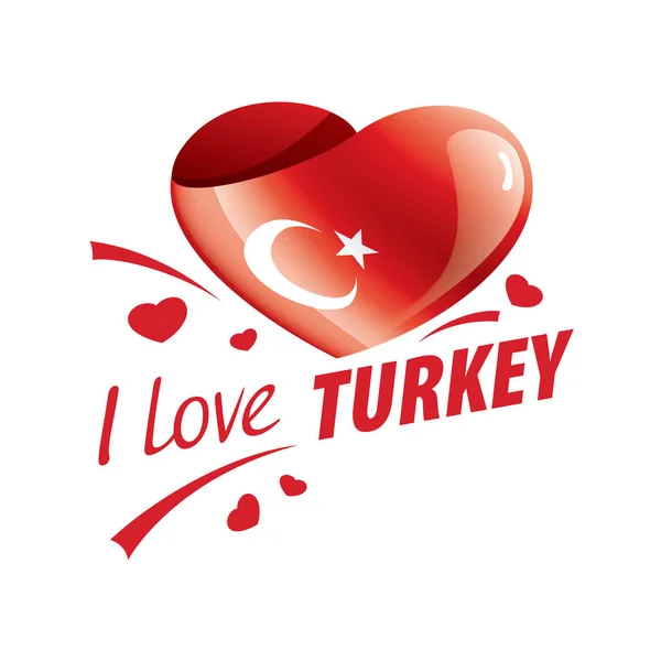 National flag of the Turkey in the shape of a heart and the inscription I love Turkey. Vector illustration — Stock Vector