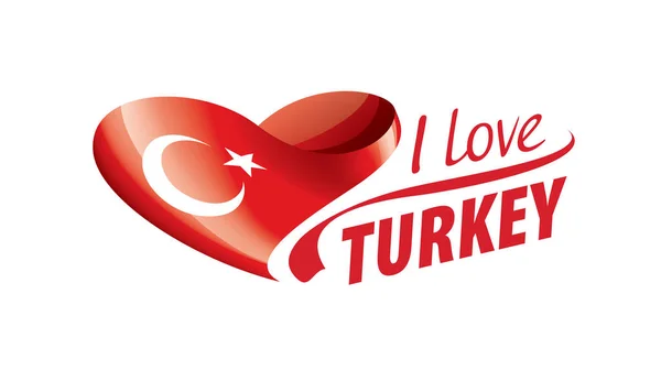 National flag of the Turkey in the shape of a heart and the inscription I love Turkey. Vector illustration — Stock Vector