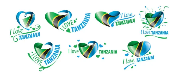 Národní vlajka Tanzanie ve tvaru srdce a nápis Miluji Tanzanii. Vektorová ilustrace — Stockový vektor