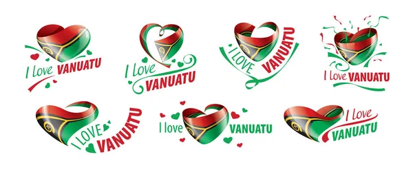 Vanuatu 'nun kalp şeklinde ulusal bayrağı ve Vanuatu yazıtını seviyorum. Vektör illüstrasyonu — Stok Vektör