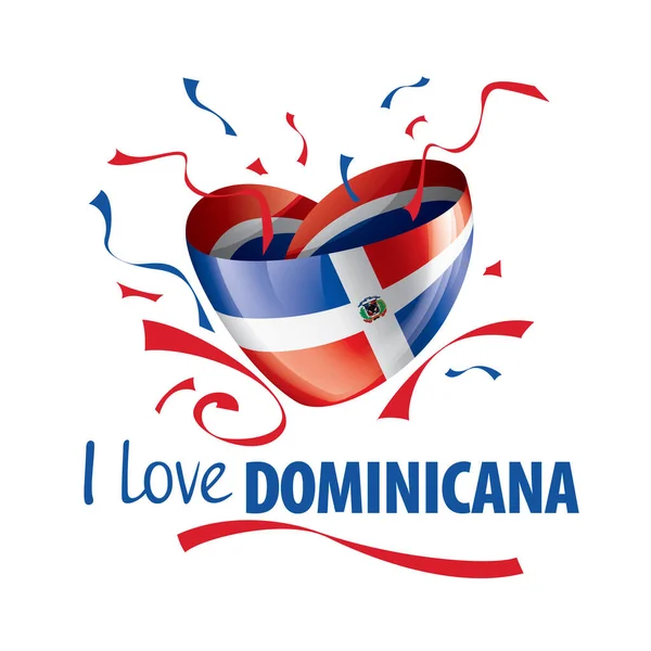 हृदयाच्या आकारात डोमिनिकानाचा राष्ट्रीय ध्वज आणि मला डोमिनिकाना आवडतो असा शिलालेख. व्हेक्टर स्पष्टीकरण — स्टॉक व्हेक्टर