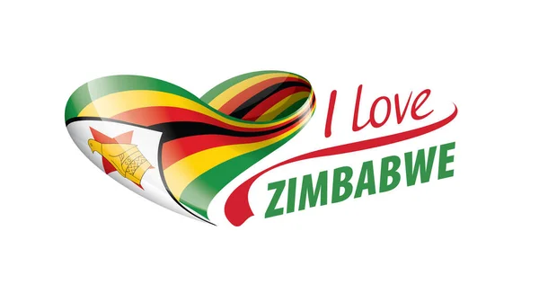 Zimbabwes nationella flagga i form av ett hjärta och den inskription jag älskar Zimbabwe. Vektorillustration — Stock vektor