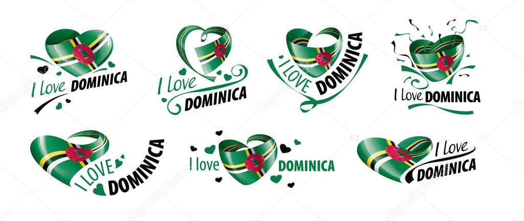 National flag of the Dominica in the shape of a heart and the inscription I love Dominica. Vector illustration