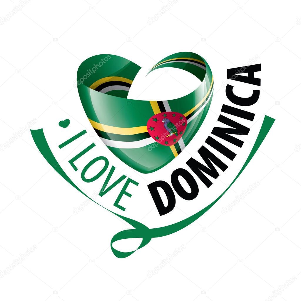 National flag of the Dominica in the shape of a heart and the inscription I love Dominica. Vector illustration