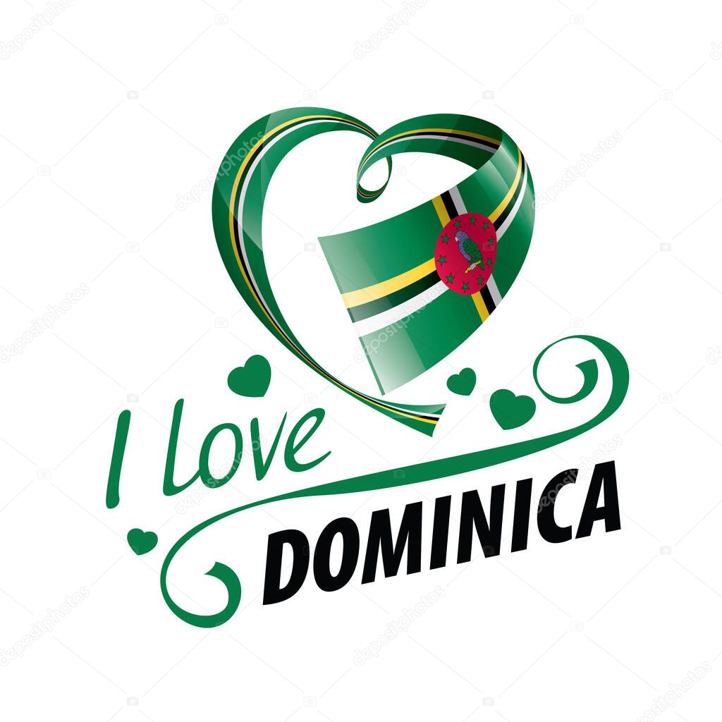 National flag of the Dominica in the shape of a heart and the inscription I love Dominica. Vector illustration