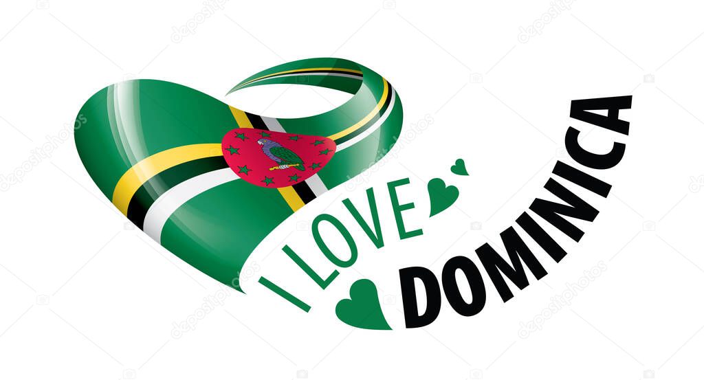 National flag of the Dominica in the shape of a heart and the inscription I love Dominica. Vector illustration