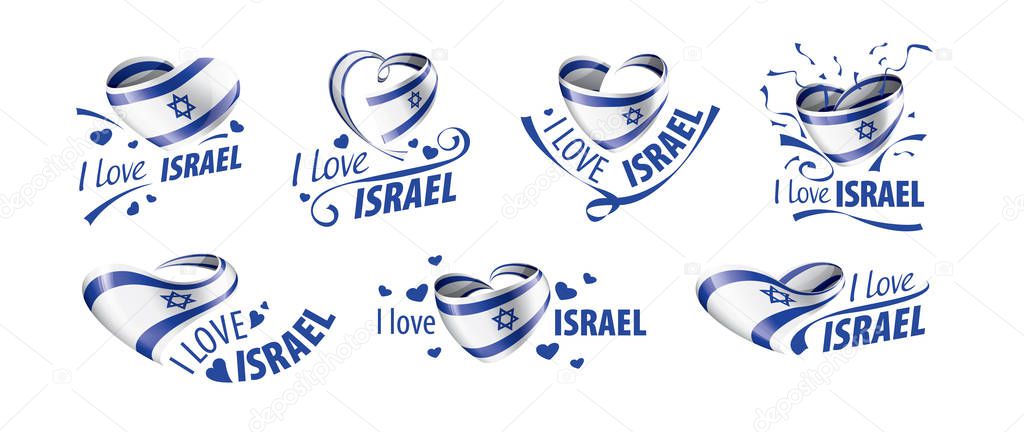 National flag of the Israel in the shape of a heart and the inscription I love Israel. Vector illustration