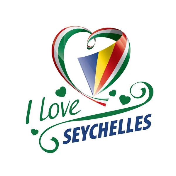 Bandera nacional de las Seychelles en forma de corazón y la inscripción Me encanta Seychelles. Ilustración vectorial — Vector de stock