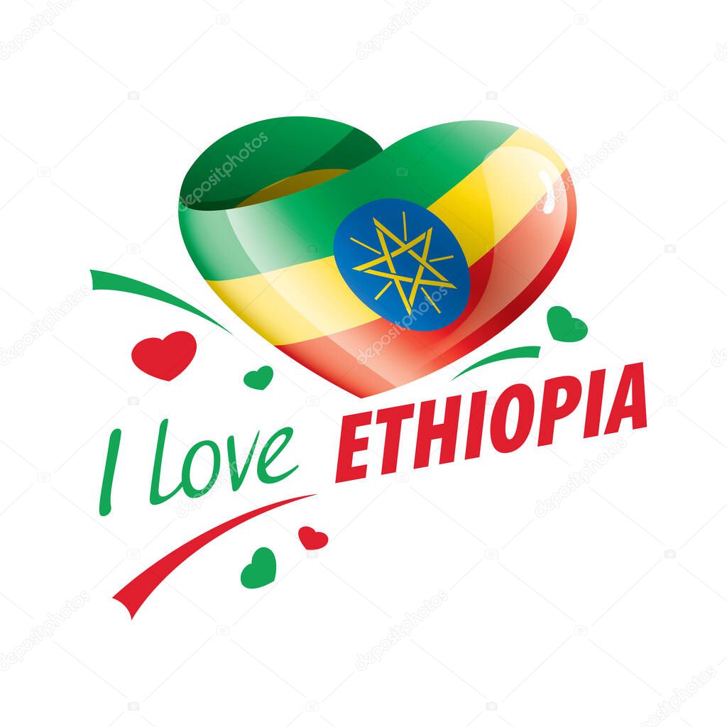 National flag of the Ethiopia in the shape of a heart and the inscription I love Ethiopia. Vector illustration