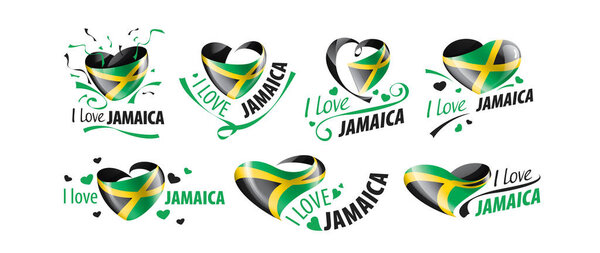 National flag of the Jamaica in the shape of a heart and the inscription I love Jamaica. Vector illustration