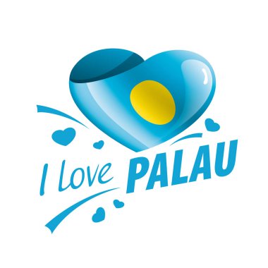Palau 'nun kalp şeklinde ulusal bayrağı ve Palau' yu sevdiğim yazıt. Vektör illüstrasyonu