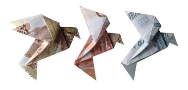 Russian rubles in the form of birds. Flying on a white background