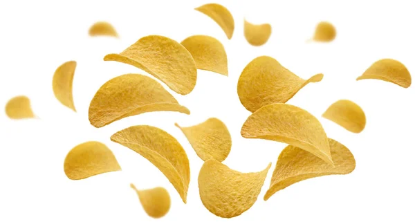 Aardappelchips zweven op een witte achtergrond — Stockfoto