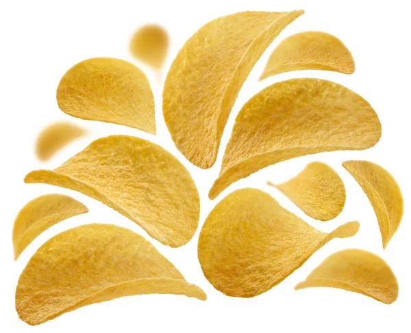 Aardappelchips zweven op een witte achtergrond — Stockfoto