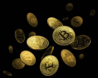 Bitcoin altın sikkesi siyah arka planda uçar