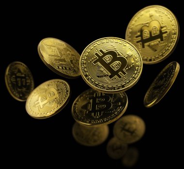 Bitcoin altın sikkesi siyah arka planda uçar