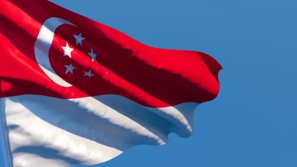 La bandera nacional de Singapores ondea en el viento contra el cielo — Vídeos de Stock