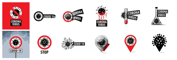 Un conjunto de signos de coronavirus. Ilustración vectorial . — Vector de stock