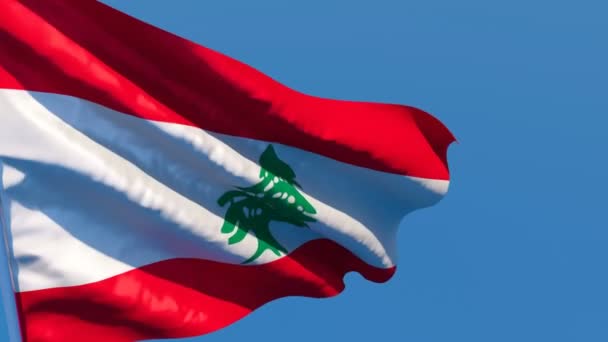 La bandera nacional del Líbano ondea en el viento contra un cielo azul — Vídeos de Stock