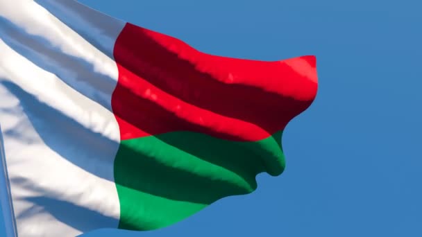 Державний прапор Мадагаскару пурхає вітром проти блакитного неба. — стокове відео