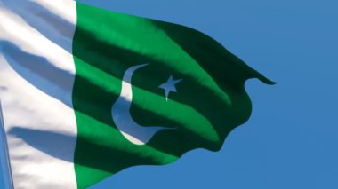 Pakistan 'ın ulusal bayrağı mavi gökyüzüne karşı rüzgarda dalgalanıyor.