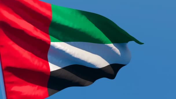 Державний прапор ОАЕ пурхає вітром проти блакитного неба. — стокове відео