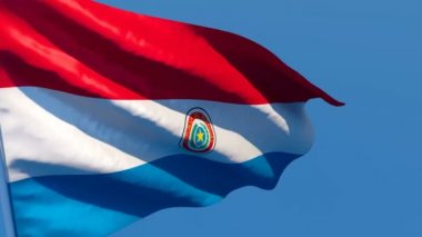 Paraguay 'ın ulusal bayrağı mavi gökyüzüne karşı rüzgarda dalgalanıyor.