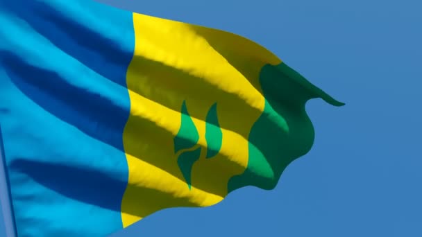 Saint Vincent och Grenadinerna flagga fladdrar i vinden mot en blå himmel — Stockvideo