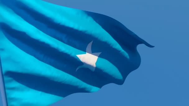 Somalias flagga fladdrar i vinden mot en blå himmel. — Stockvideo