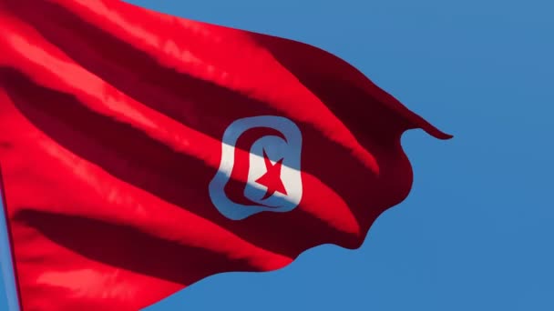 Le drapeau national tunisien flotte dans le vent contre un ciel bleu
