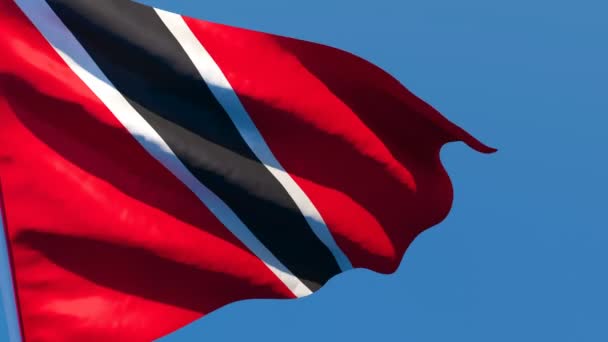 A bandeira nacional de Trinidad e Tobago agita-se ao vento contra um céu azul — Vídeo de Stock