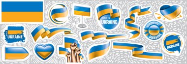 Çeşitli yaratıcı tasarımlarda Ukrayna ulusal bayrağının vektör kümesi