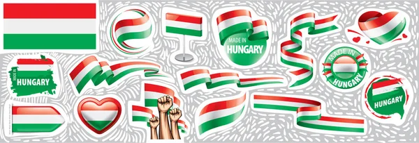 Çeşitli yaratıcı tasarımlarda Macaristan ulusal bayrağının vektör kümesi — Stok Vektör