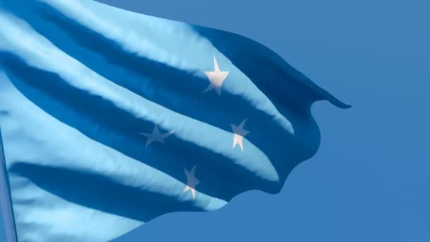 La bandera nacional de Micronesia ondea en el viento contra un cielo azul — Vídeo de stock