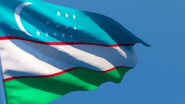 De nationale vlag van Oezbekistan wappert in de wind tegen een blauwe lucht — Stockvideo