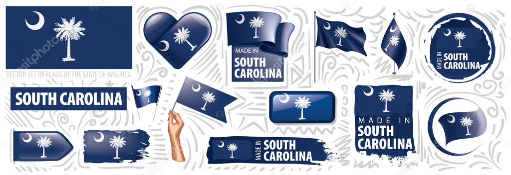Vector set of flags of the American state of South Carolina in different designs.