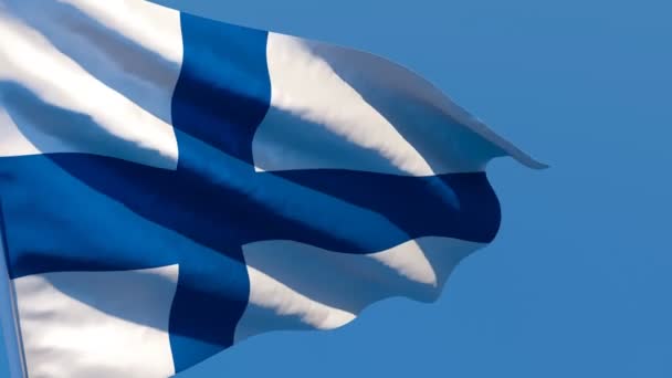 De nationale vlag van Finland wappert in de wind tegen een blauwe lucht — Stockvideo