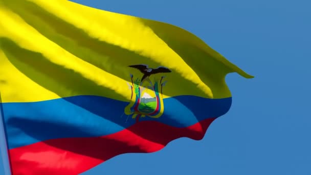 A bandeira nacional do Equador flutua no vento contra um céu azul — Vídeo de Stock