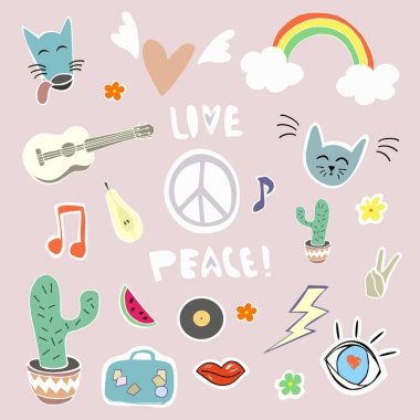 Hippi özniteliklere sahip 60-stil öğeleri kümesi. Etiketleri veya moda yamalar kullanılabilir
