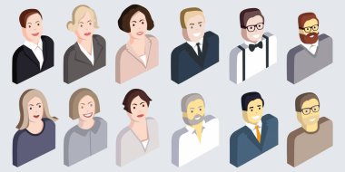 12 izometrik adam simgeler kümesi. Bir kadın ve bir adam portresi. Web için uygundur. Vektör görüntü. Yüzler ve giyim 12 türevleri