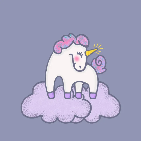 illustration with funny unicorn in clouds. olorful doodle with cute pony with pink mane.