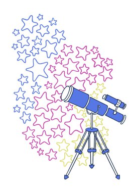 Parlak renkli yıldızlı bir tripodun üzerinde klasik teleskopla el çizimi vektör çizimi.
