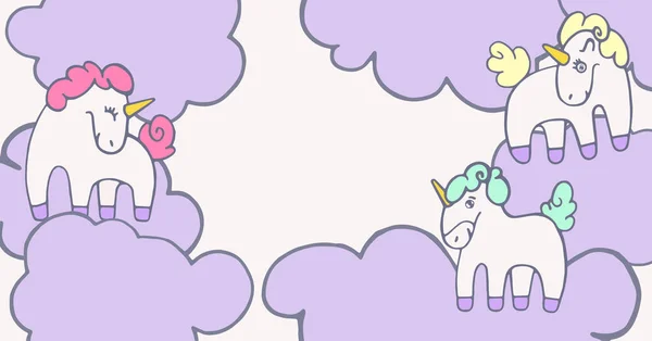 Ilustración Vectorial Con Divertidos Unicornios Forma Corazón Banner Colorido Con — Vector de stock