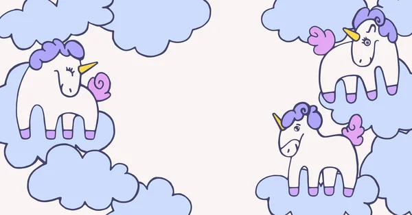 Ilustración Vectorial Con Divertidos Unicornios Estilo Garabato Banner Colorido Con — Vector de stock