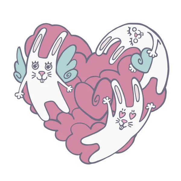 Vector Illustration Funny Rabbits Shape Heart Colorful Doodle Cute Bunnies — Stock vektor
