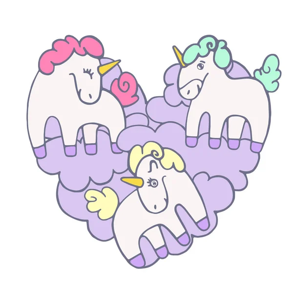 Vector Illustration Funny Unicorns Shape Heart Colorful Doodle Cute Unicorns — Stock vektor