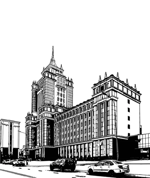 Building of Ogarev Mordovia State University in Saransk. Black and white city. Hand drawn style.