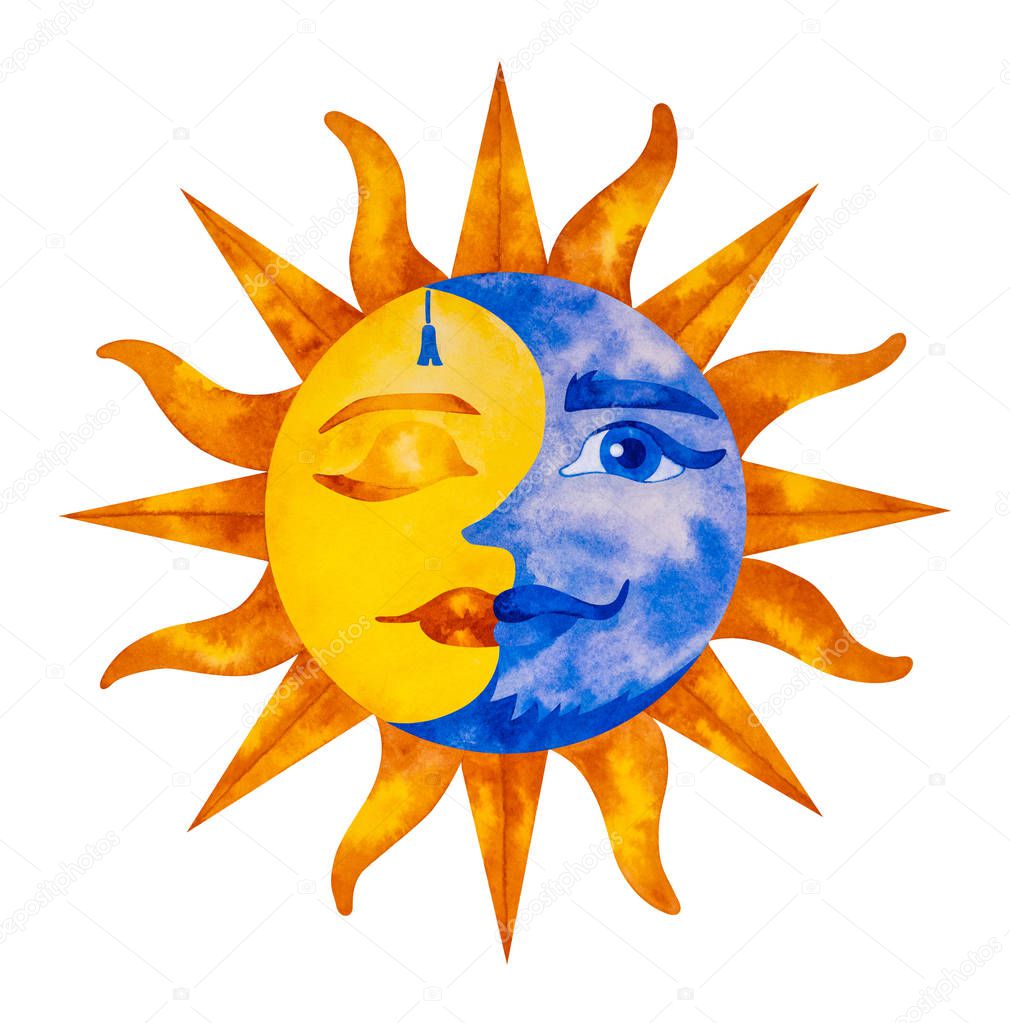 Bright watercolor illustration of Sun with closed eye and Moon with an open.